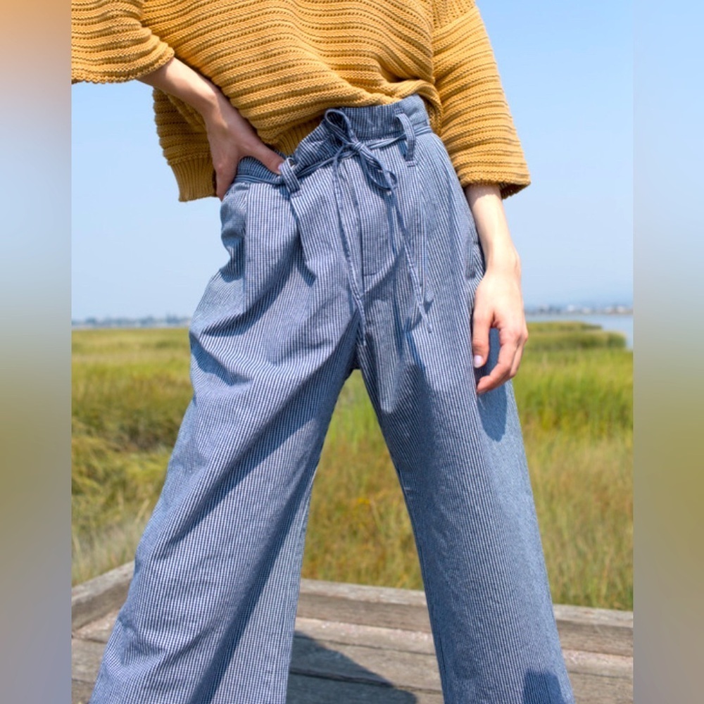 Micaela Greg Wide Leg High-Rise Paperbag Pants in Blue Gingham